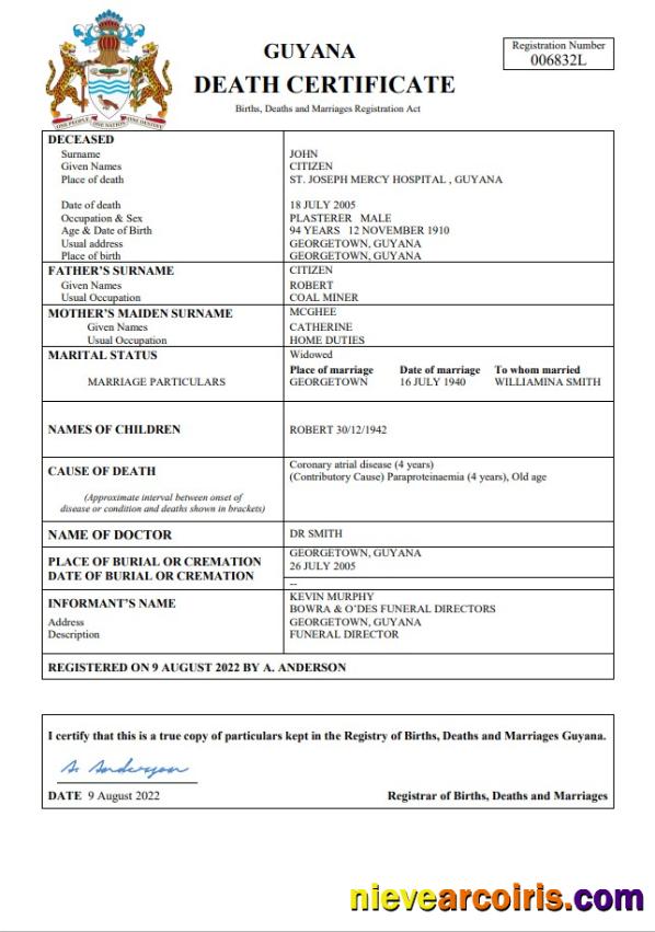 Guyana death certificate